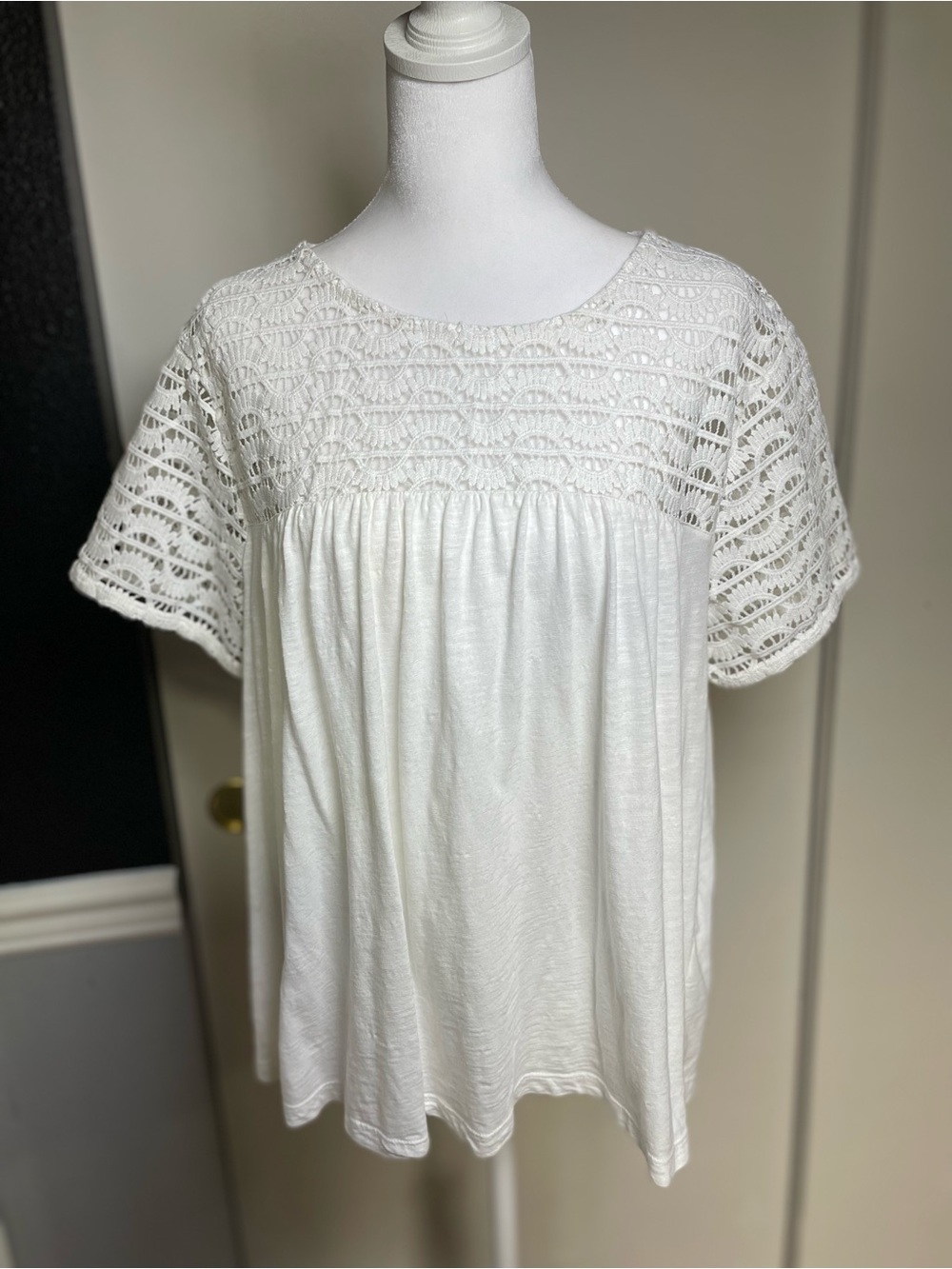 Women's White Crochet Yoke Short Sleeve Top